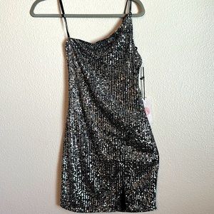 One Shoulder Black Sequin Mini Dress. NWT